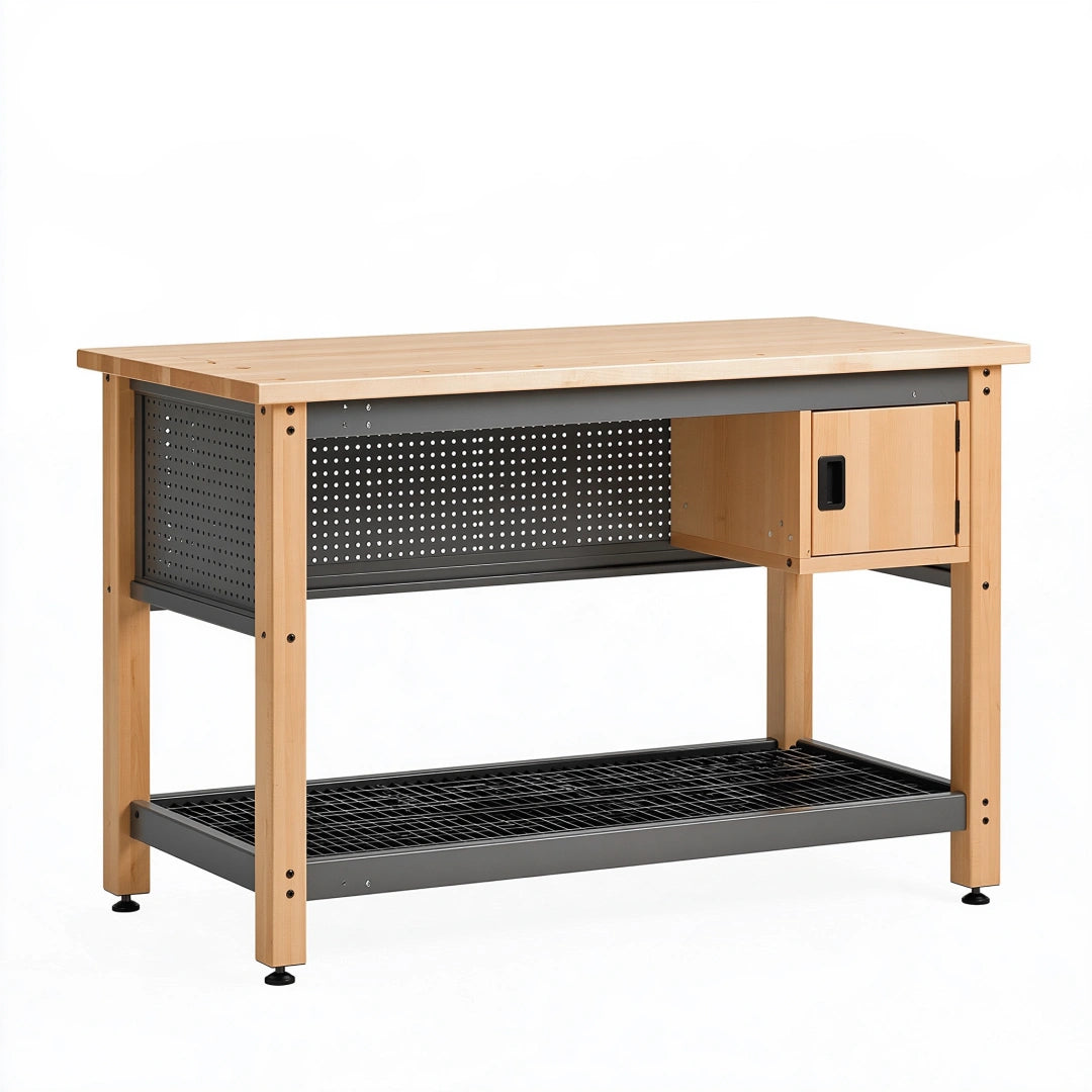Établi d'atelier 120 x 60 x 85 cm en bois et acier noir avec rangement