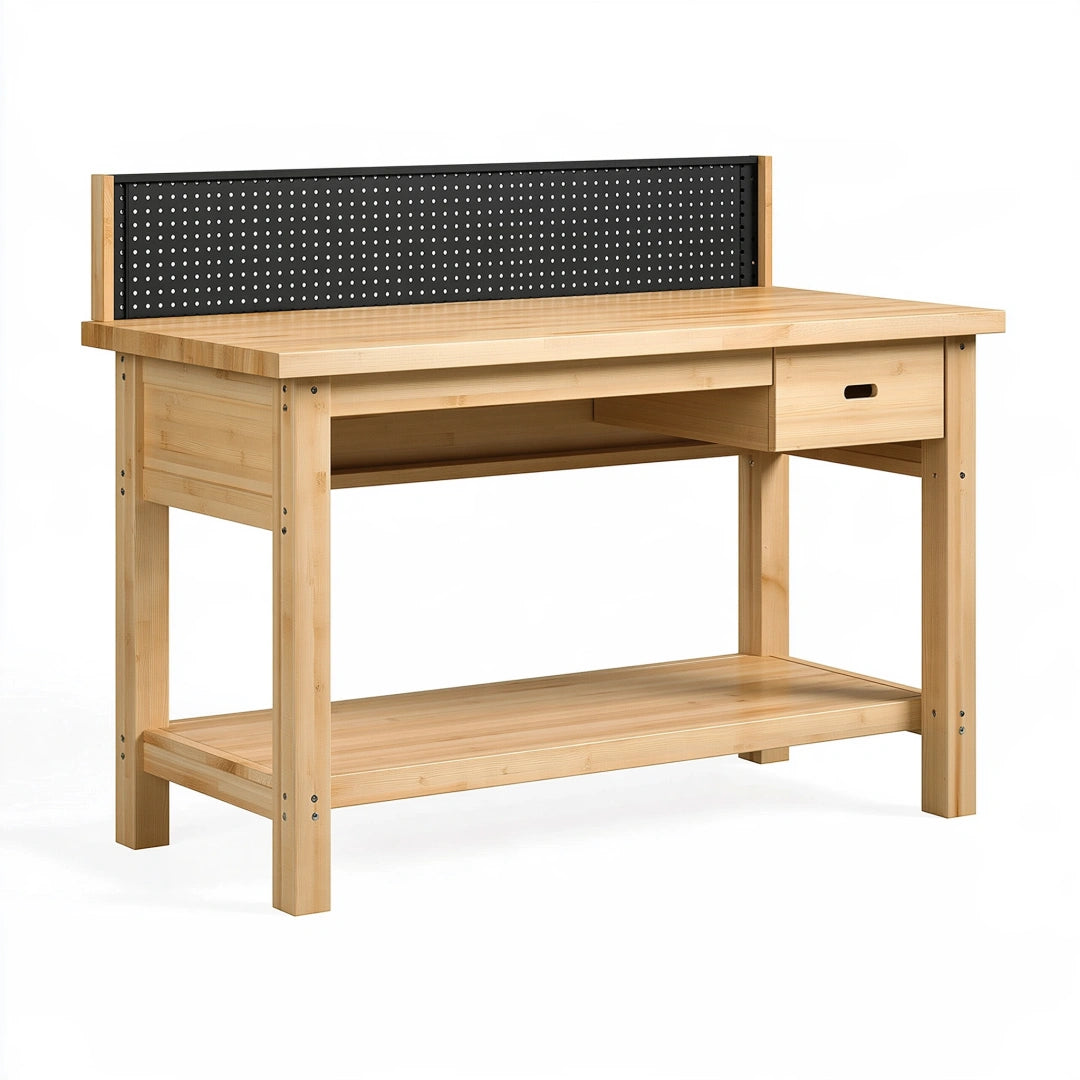 Établi 120 x 60 x 145 cm en bois naturel avec panneau perforé noir et tiroir - rangement atelier