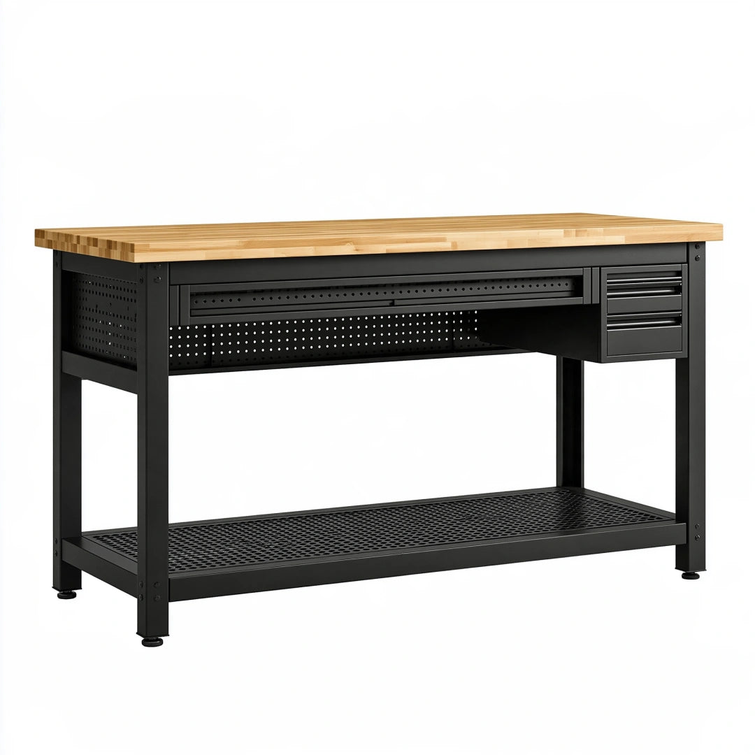 Établi d'atelier 152 cm en acier noir et bois naturel avec tiroirs et tablette basse