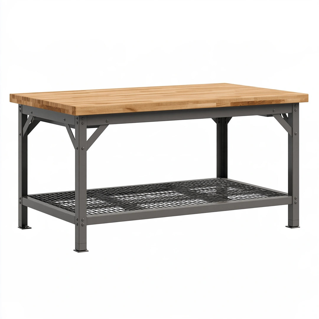Établi 120 x 60 x 90 cm en bois et acier noir avec étagère de rangement style industriel