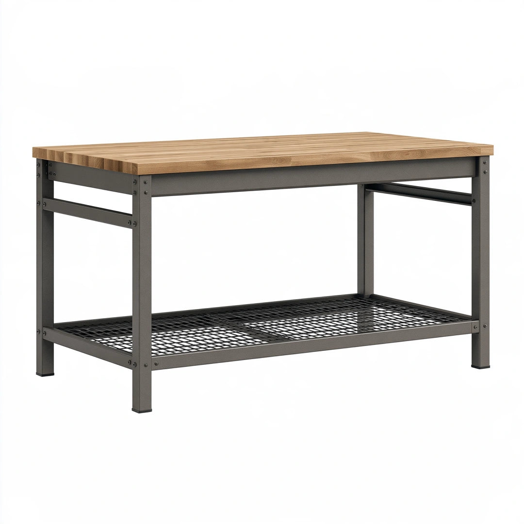 Établi 120 x 60 x 90 cm bois naturel et acier noir avec étagère grillagée