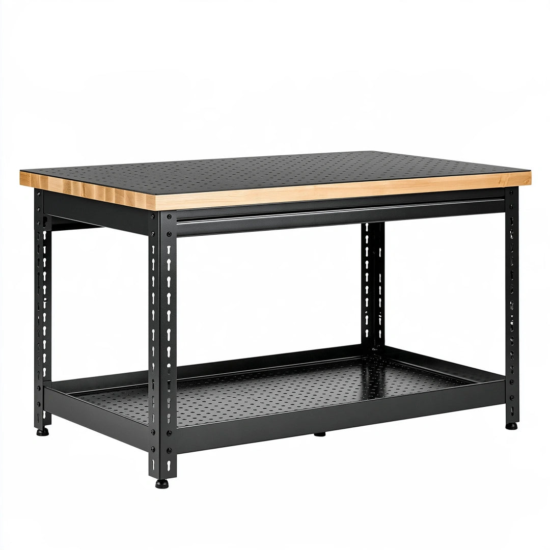 Établi d'atelier 122 x 61 x 91 cm en acier noir et bois avec plateaux perforés