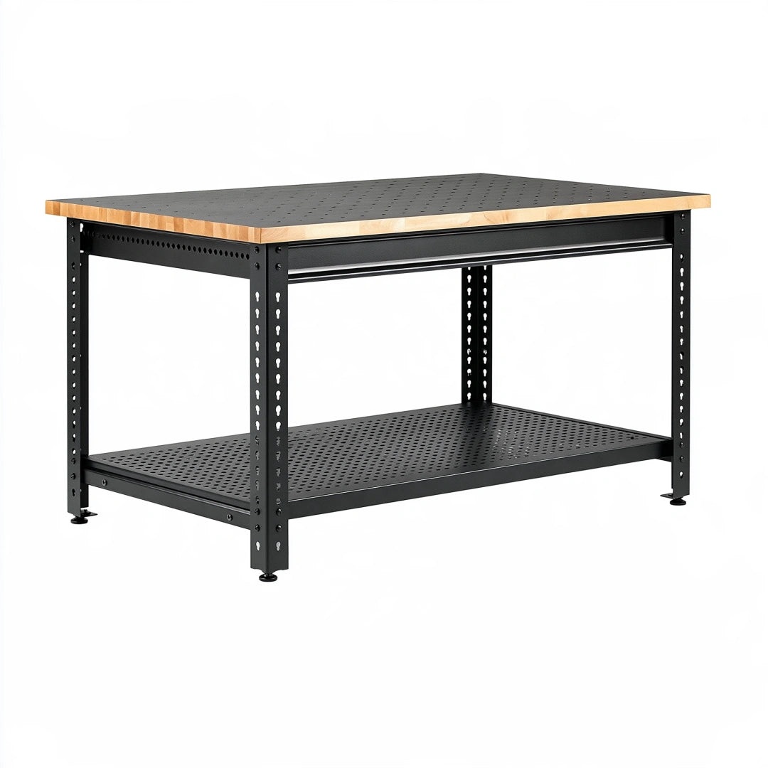 Établi d'atelier 122 x 61 x 91 cm en acier noir et bois avec plateau perforé et étagère