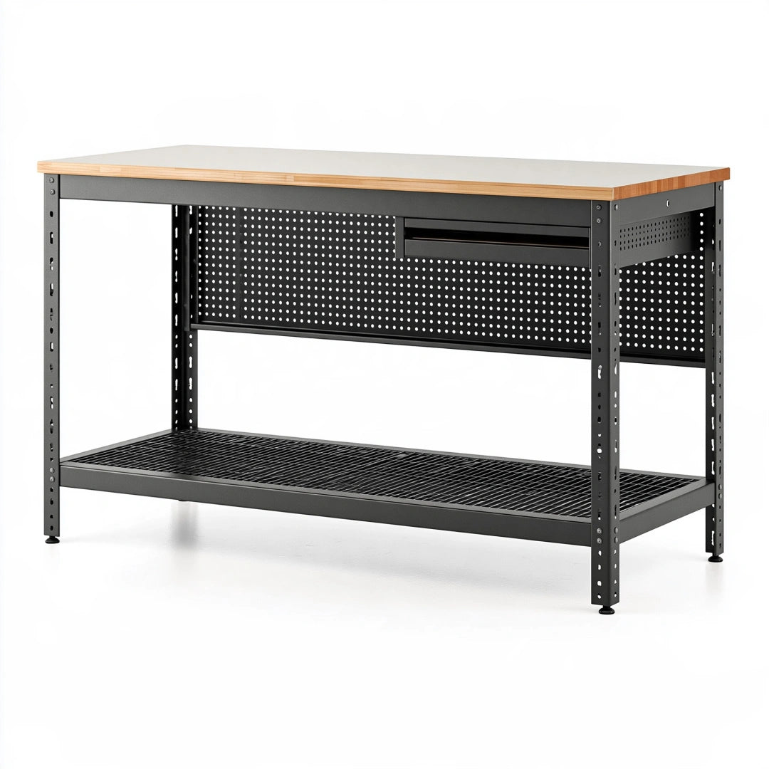 Établi 160 x 60 x 90 cm en acier noir et bois avec panneau perforé pour atelier