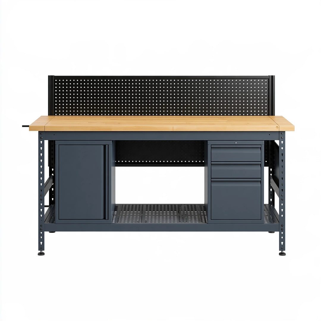 Établi d'atelier 120 x 60 x 150 cm en acier noir et bois avec rangement