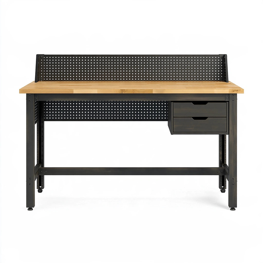 Établi 120 x 60 x 140 cm en bois et métal noir avec panneau perforé et tiroirs style industriel