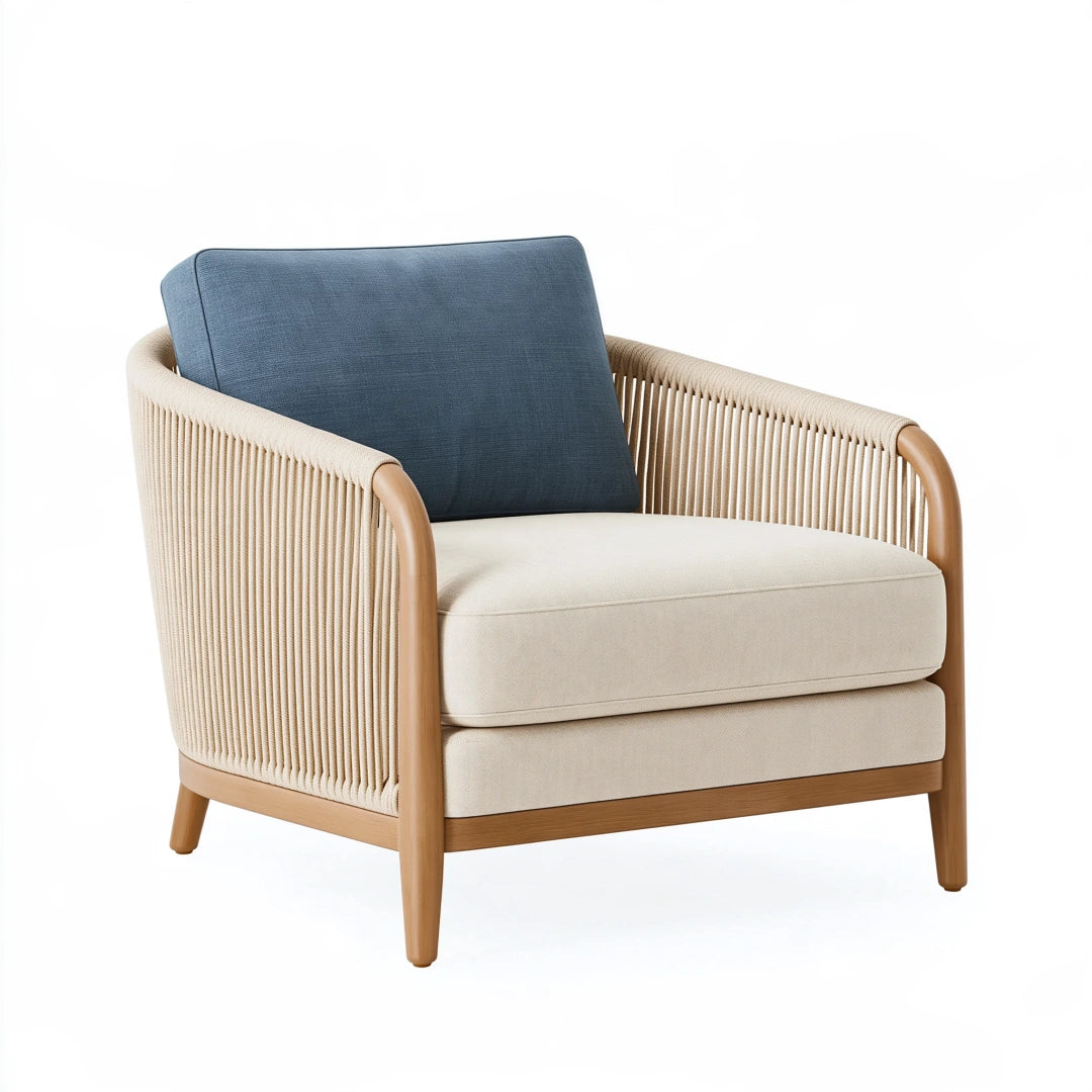 Fauteuil 78 x 76 x 82 cm en bois corde tressée et tissu bleu écru style contemporain