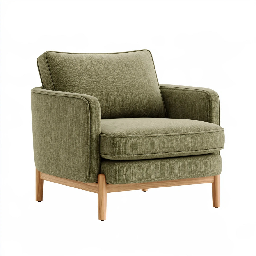 Fauteuil 85 x 85 x 85 cm en tissu vert kaki avec piètement en bois style contemporain