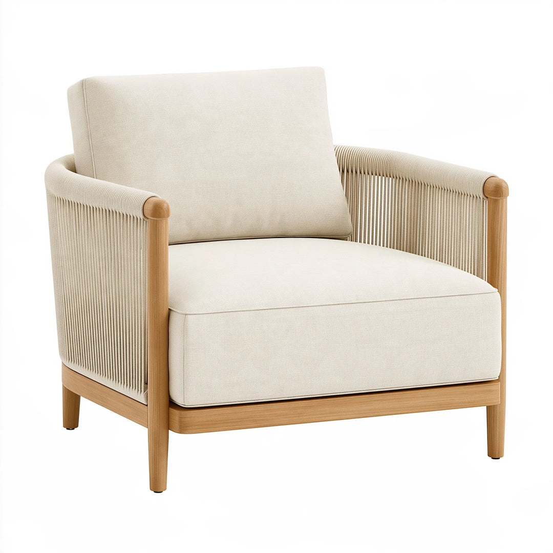 Fauteuil 78 x 82 x 83 cm en bois naturel et textile écru style contemporain