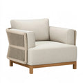 Fauteuil 90 x 85 x 82 cm en tissu beige avec cordage et pieds en bois - style contemporain