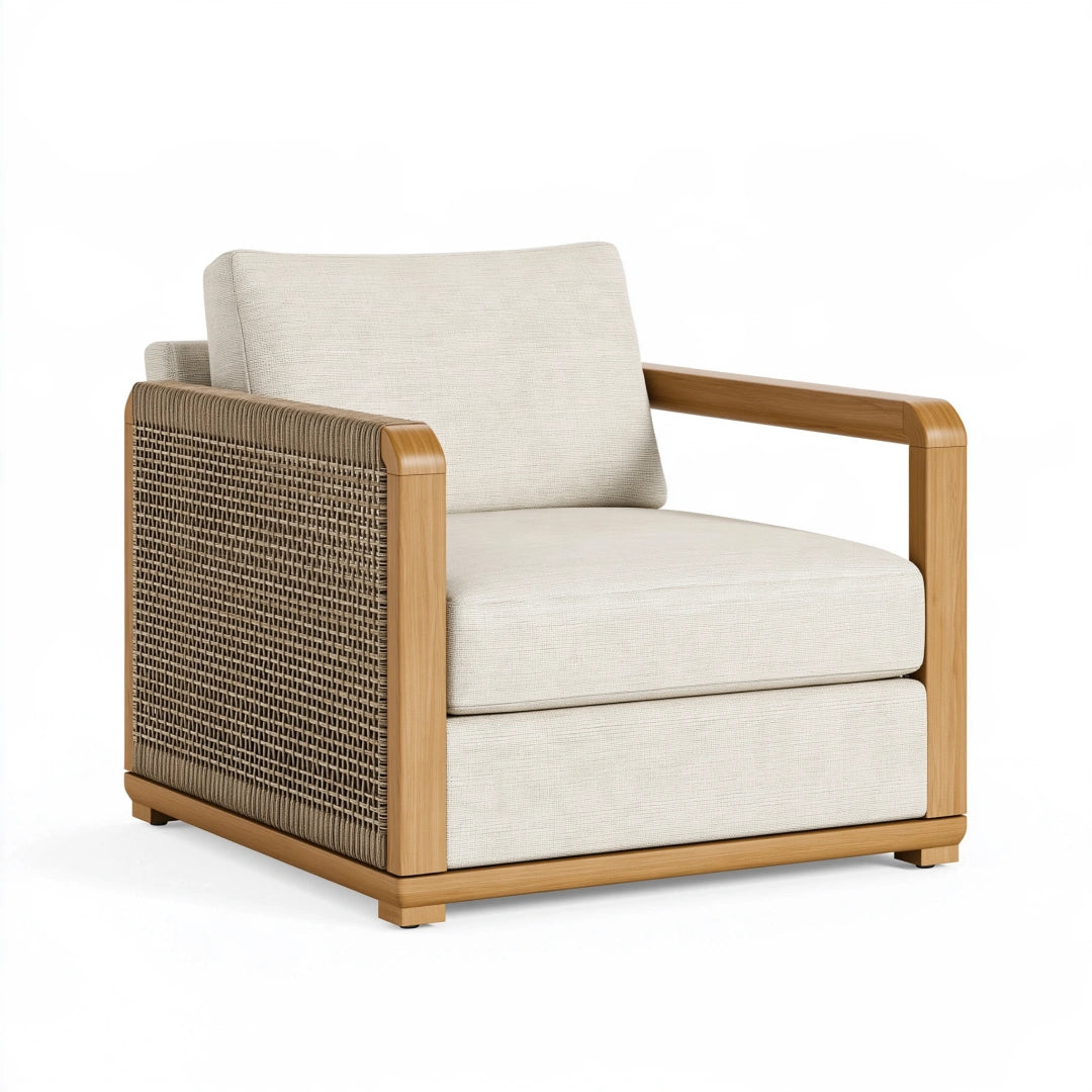 Fauteuil de jardin 78 x 82 x 82 cm bois tressage brun tissu écru style contemporain