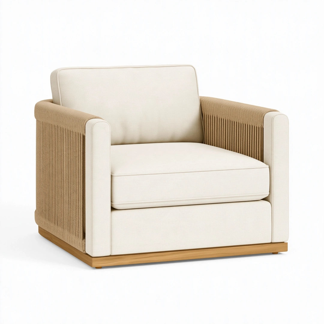 Fauteuil 90 x 85 x 85 cm en tissu écru et corde tressée style contemporain