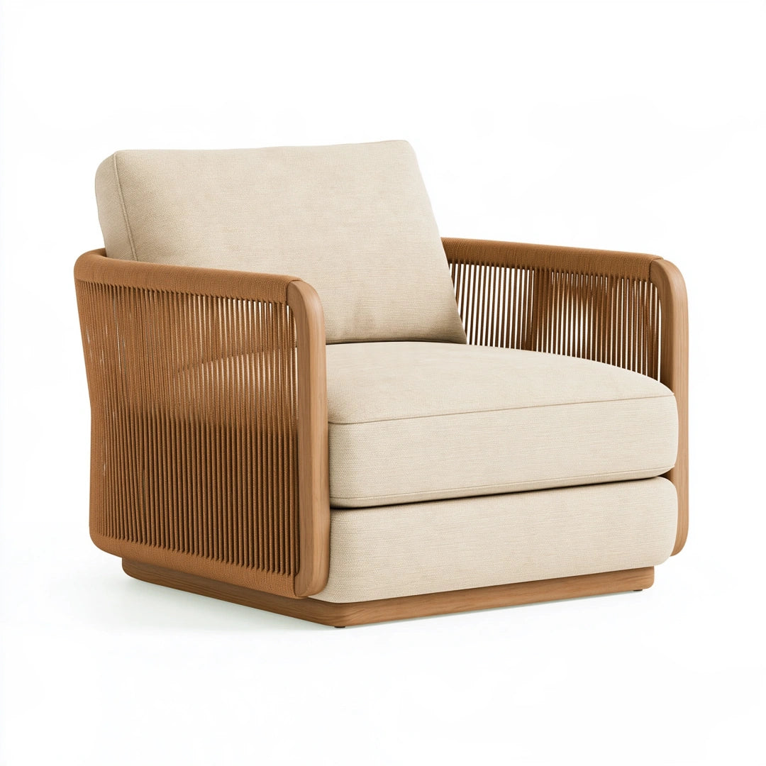 Fauteuil 85 x 80 x 78 cm en bois brun et tissu beige - style contemporain tressé