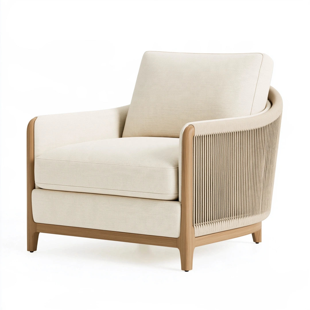Fauteuil 82 x 85 x 88 cm en tissu écru et bois naturel - assise lounge contemporaine